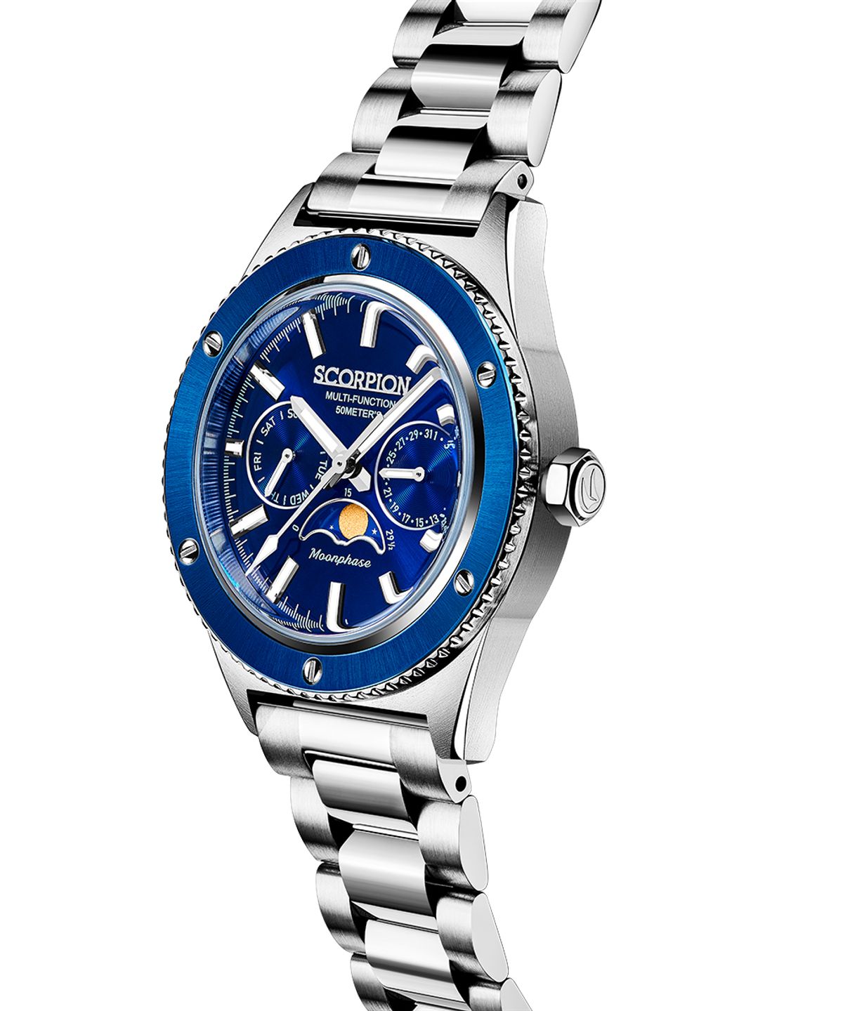 스콜피온(SCORPION) 40mm 문페이즈 남성 메탈시계 SP3581M-BU [가죽밴드구성]