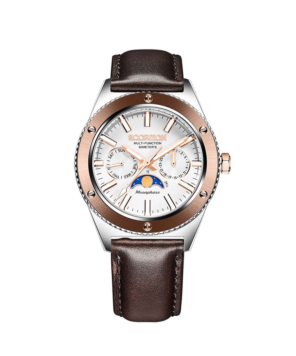 스콜피온(SCORPION) 40mm 문페이즈 남성 메탈시계 SP3581M-WRG [가죽밴드구성]