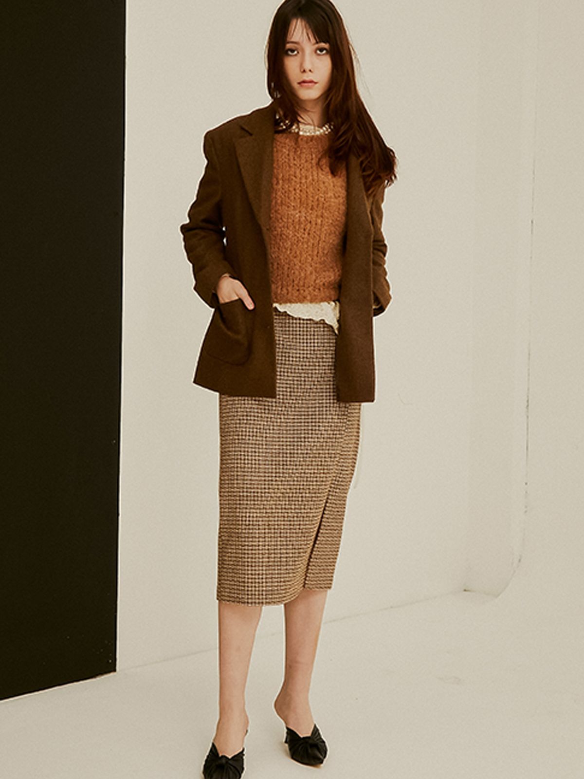 쏘리, 투 머치 러브(SORRY, TOO MUCH LOVE) Rael Midi Tweed H Line Skirt_Brown