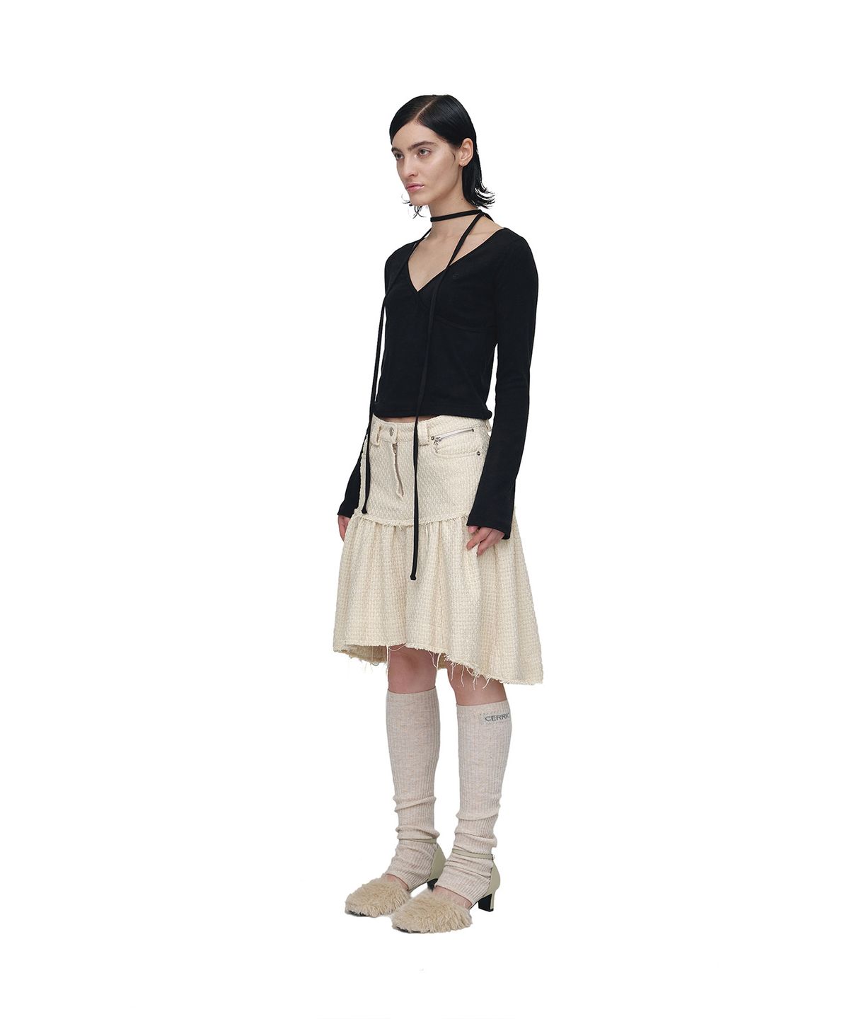 세릭(CERRIC) UNBALANCE TWEED SHIRRING SKIRT / IVORY