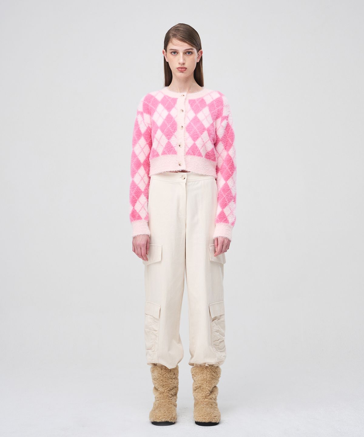 에트몽(ETMON) Argyle Fluffy Knit Cardigan  Pink
