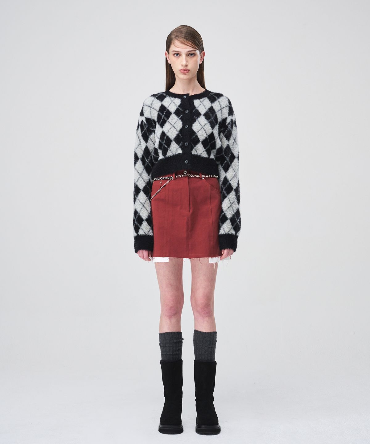 에트몽(ETMON) Argyle Fluffy Knit Cardigan  Black
