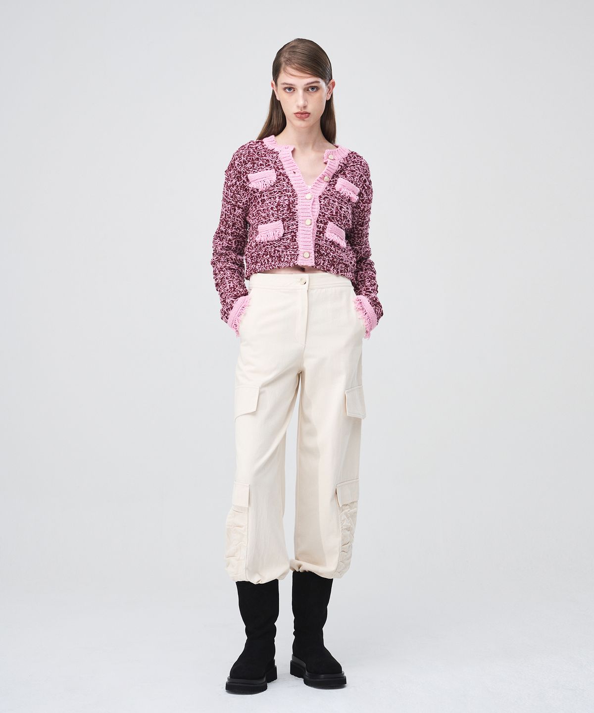 에트몽(ETMON) Mix Tweed Fringe Knit Cardigan  Pink