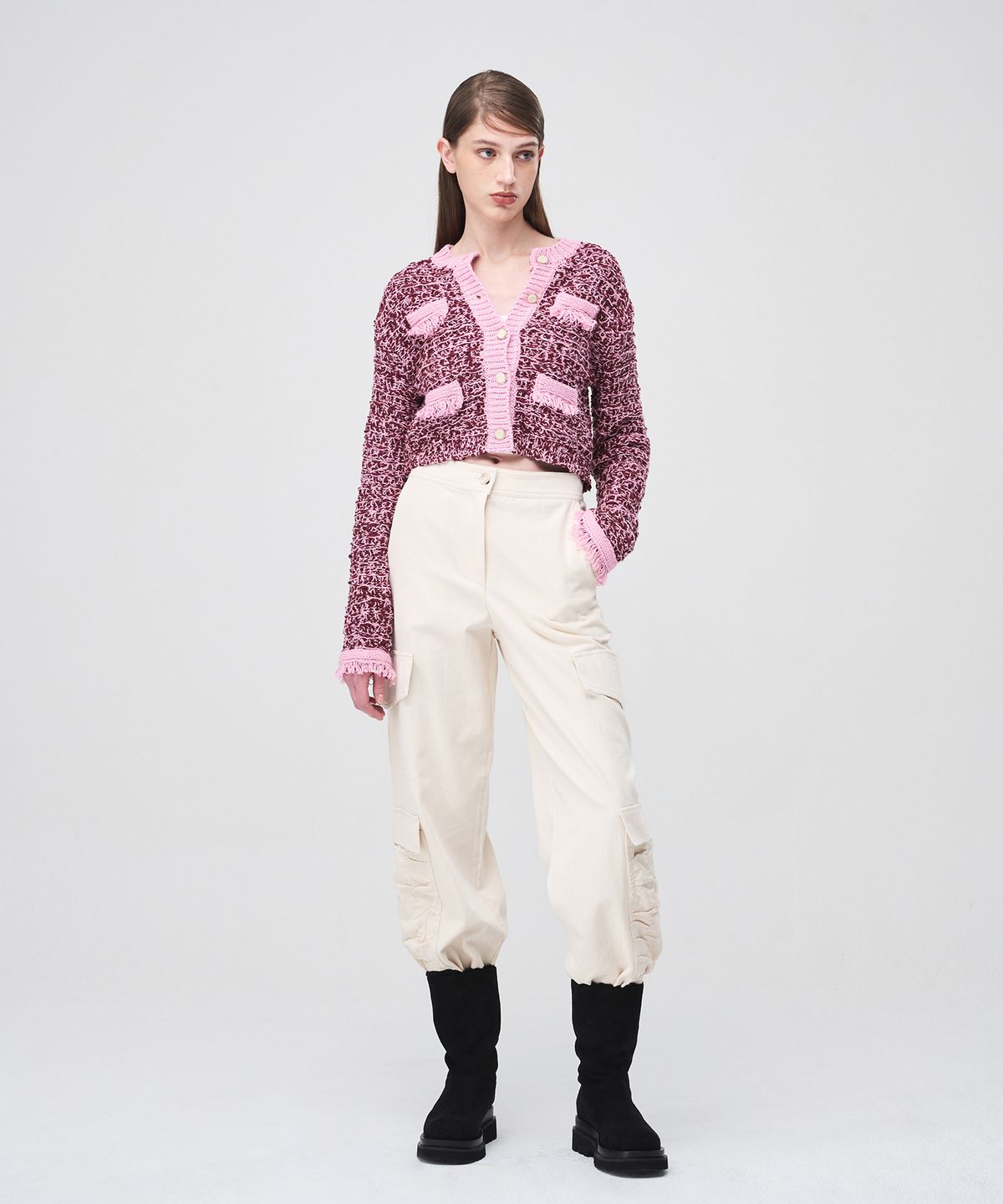 에트몽(ETMON) Mix Tweed Fringe Knit Cardigan  Pink