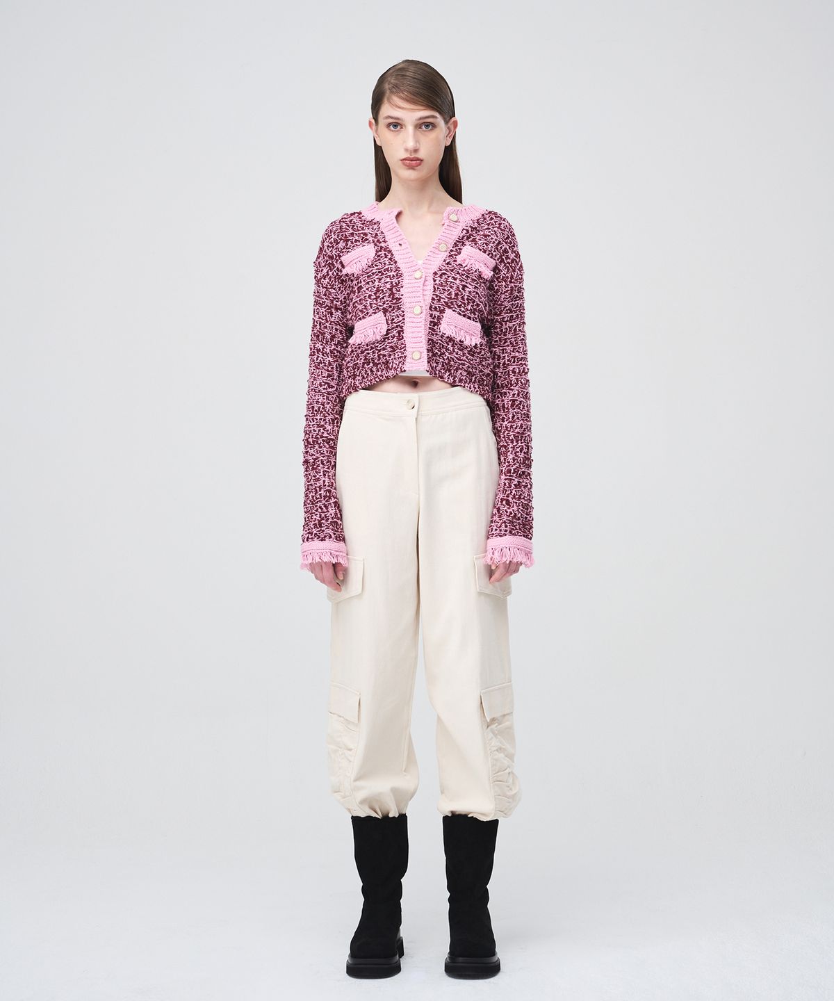 에트몽(ETMON) Mix Tweed Fringe Knit Cardigan  Pink