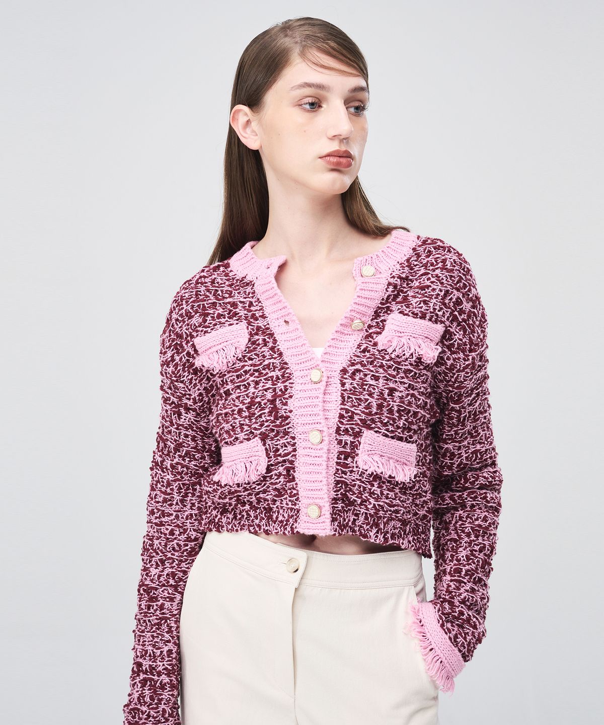 에트몽(ETMON) Mix Tweed Fringe Knit Cardigan  Pink