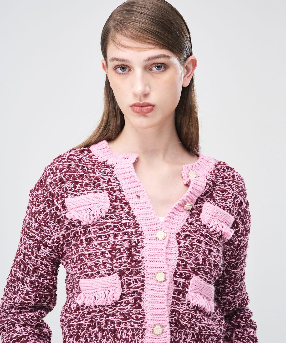 에트몽(ETMON) Mix Tweed Fringe Knit Cardigan  Pink