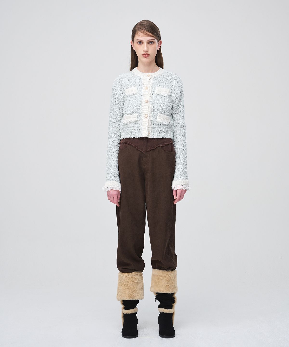 에트몽(ETMON) Mix Tweed Fringe Knit Cardigan  Cream