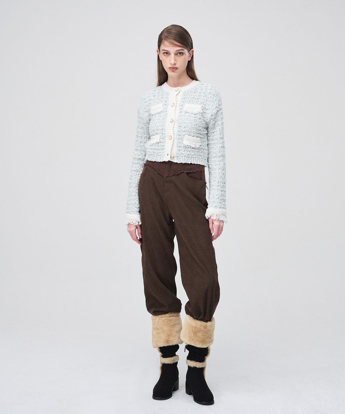 에트몽(ETMON) Mix Tweed Fringe Knit Cardigan  Cream