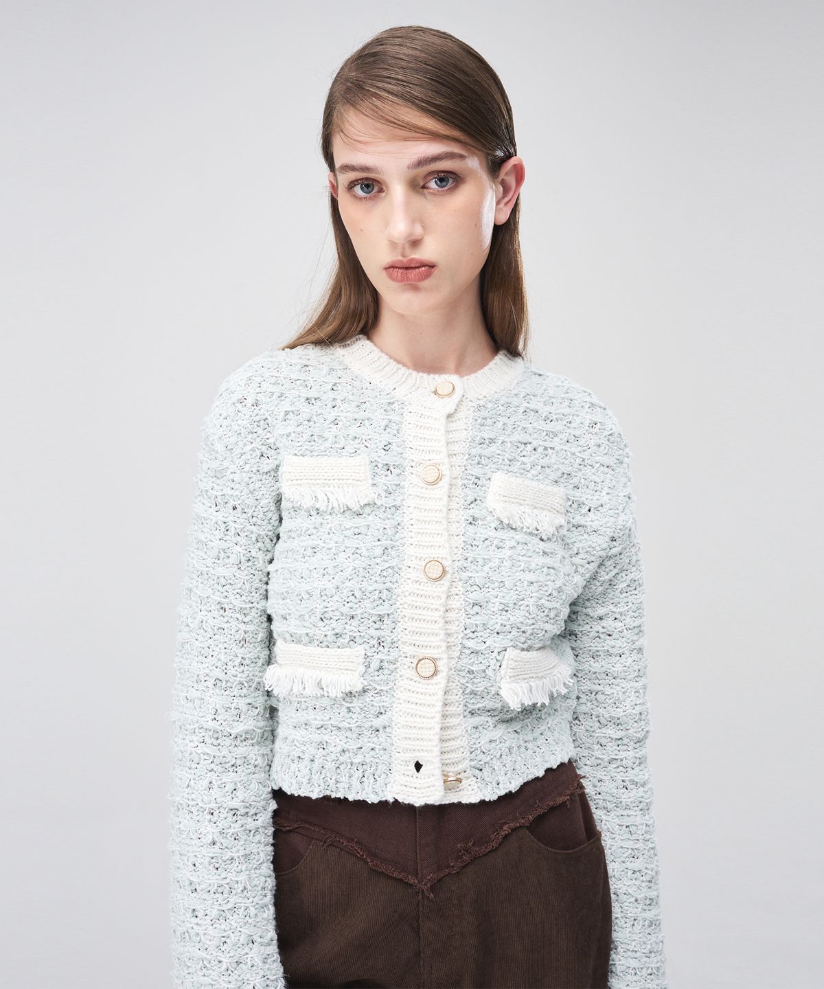 에트몽(ETMON) Mix Tweed Fringe Knit Cardigan  Cream