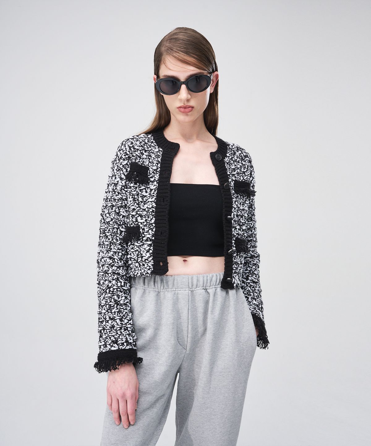에트몽(ETMON) Mix Tweed Fringe Knit Cardigan  Black