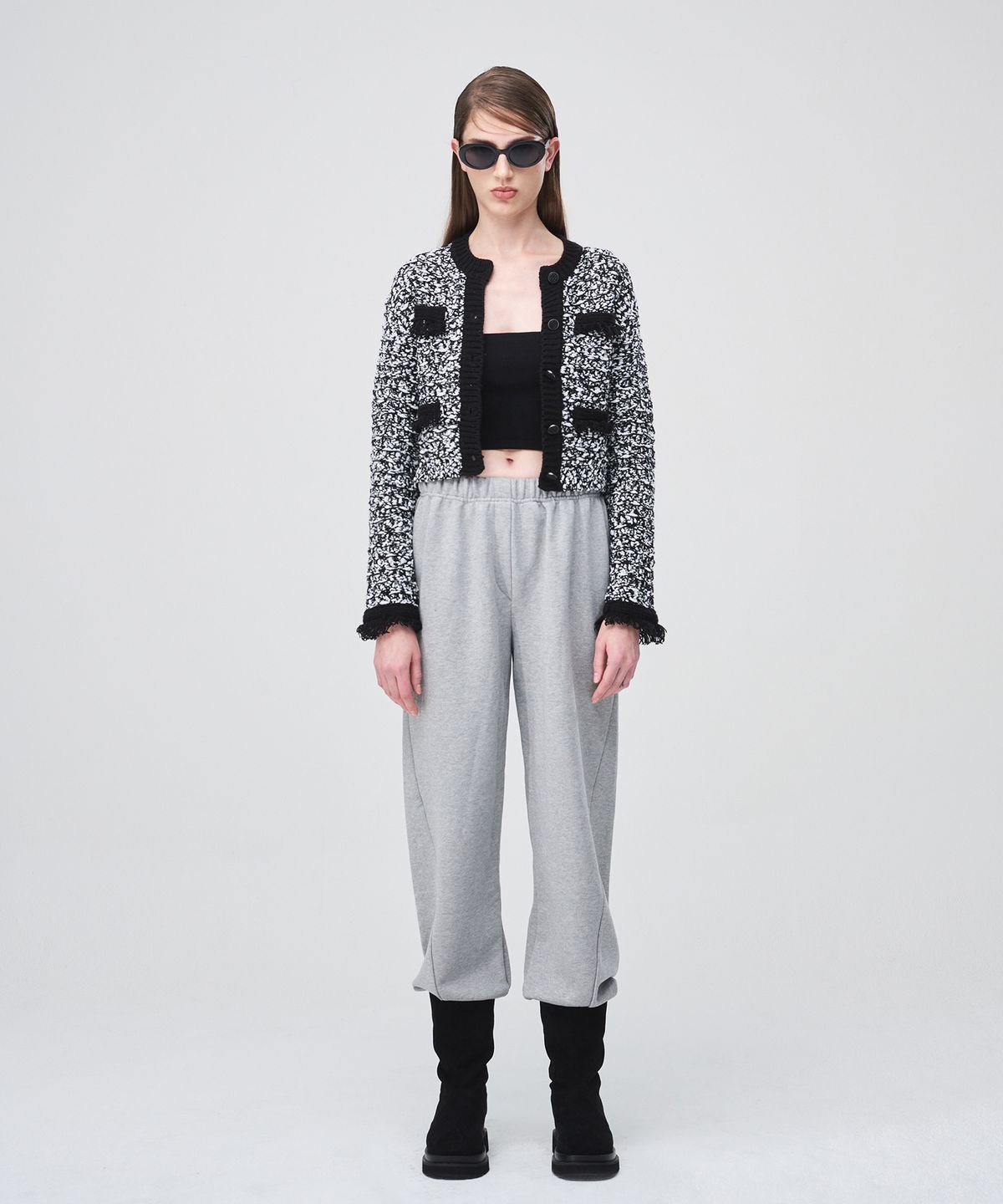 에트몽(ETMON) Mix Tweed Fringe Knit Cardigan  Black