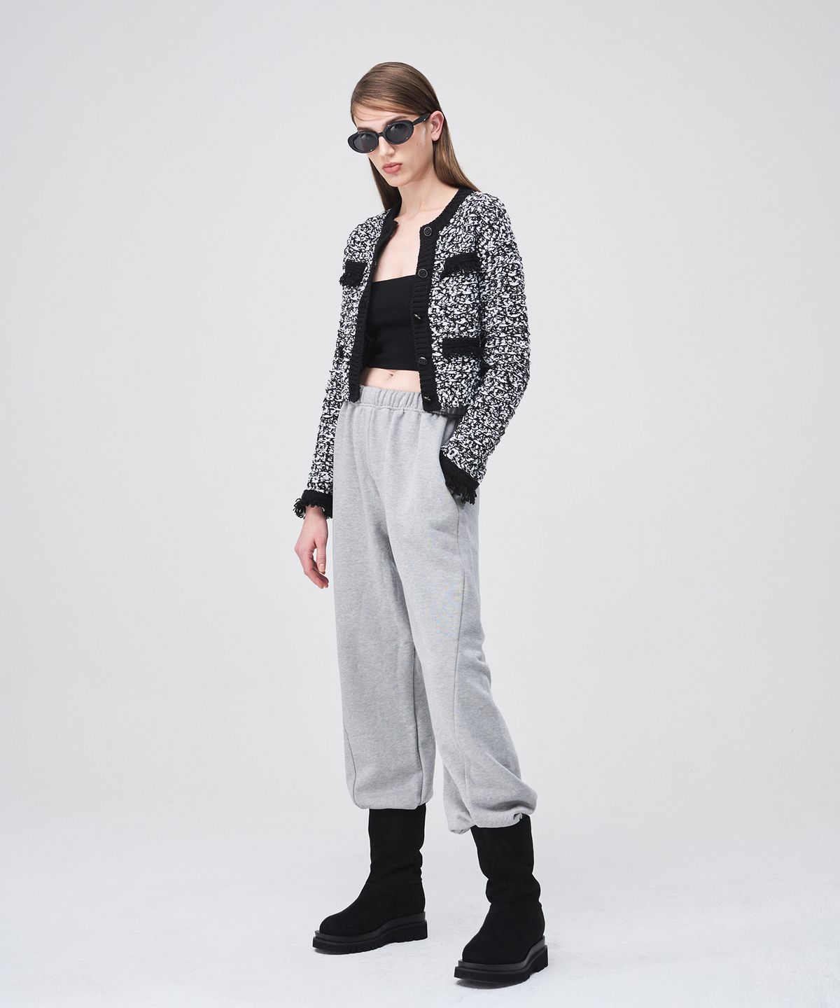 에트몽(ETMON) Mix Tweed Fringe Knit Cardigan  Black