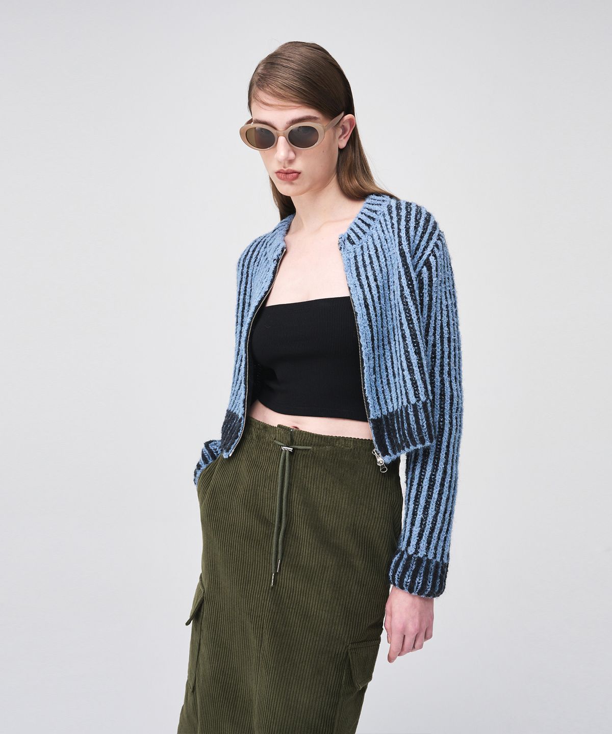 에트몽(ETMON) Ribbed Zip-Up Knit Cardigan  Sky Blue