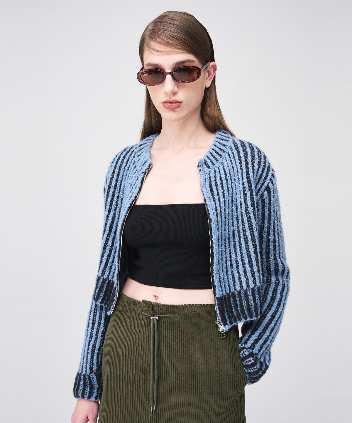 에트몽(ETMON) Ribbed Zip-Up Knit Cardigan  Sky Blue