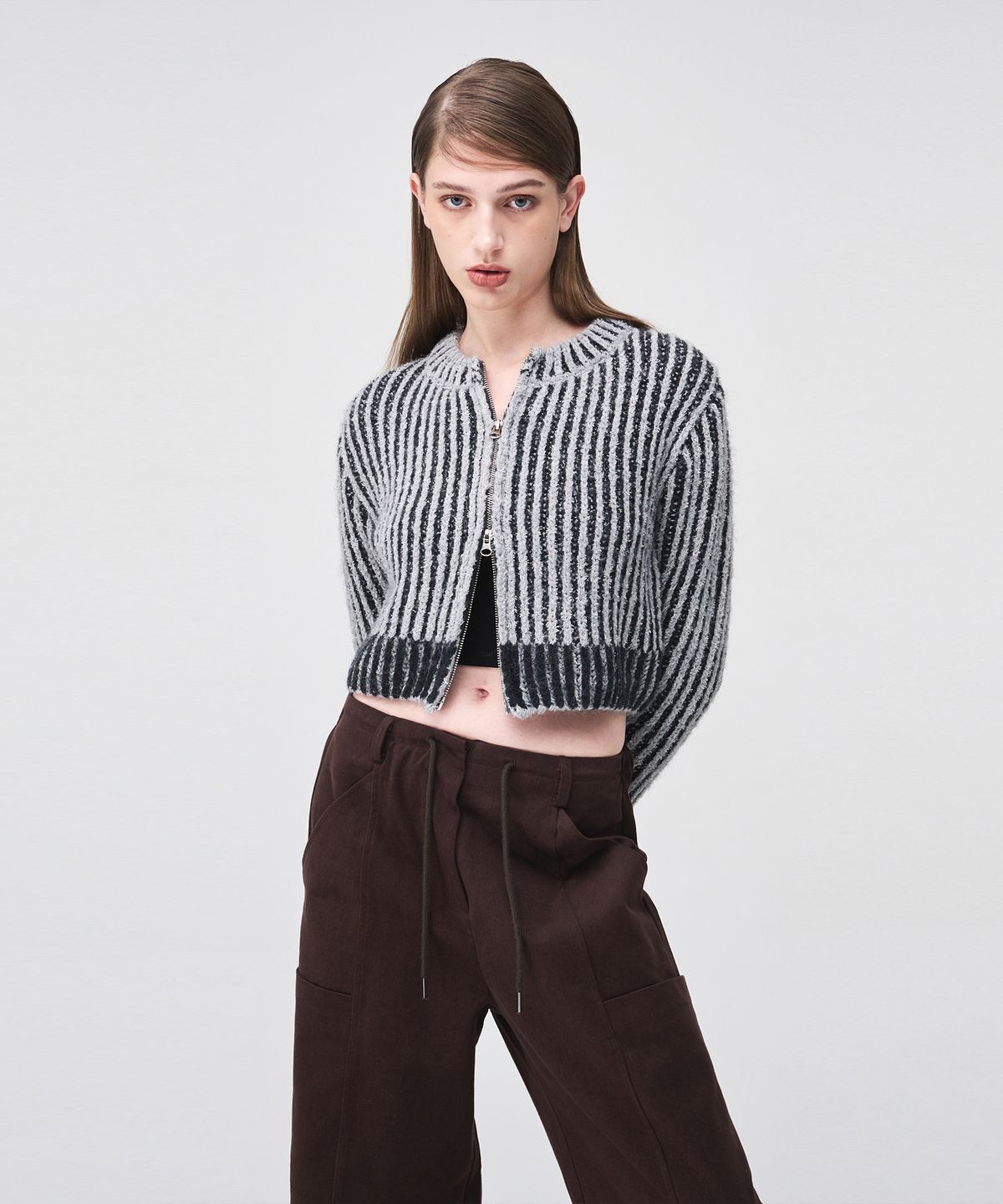 에트몽(ETMON) Ribbed Zip-Up Knit Cardigan  Grey