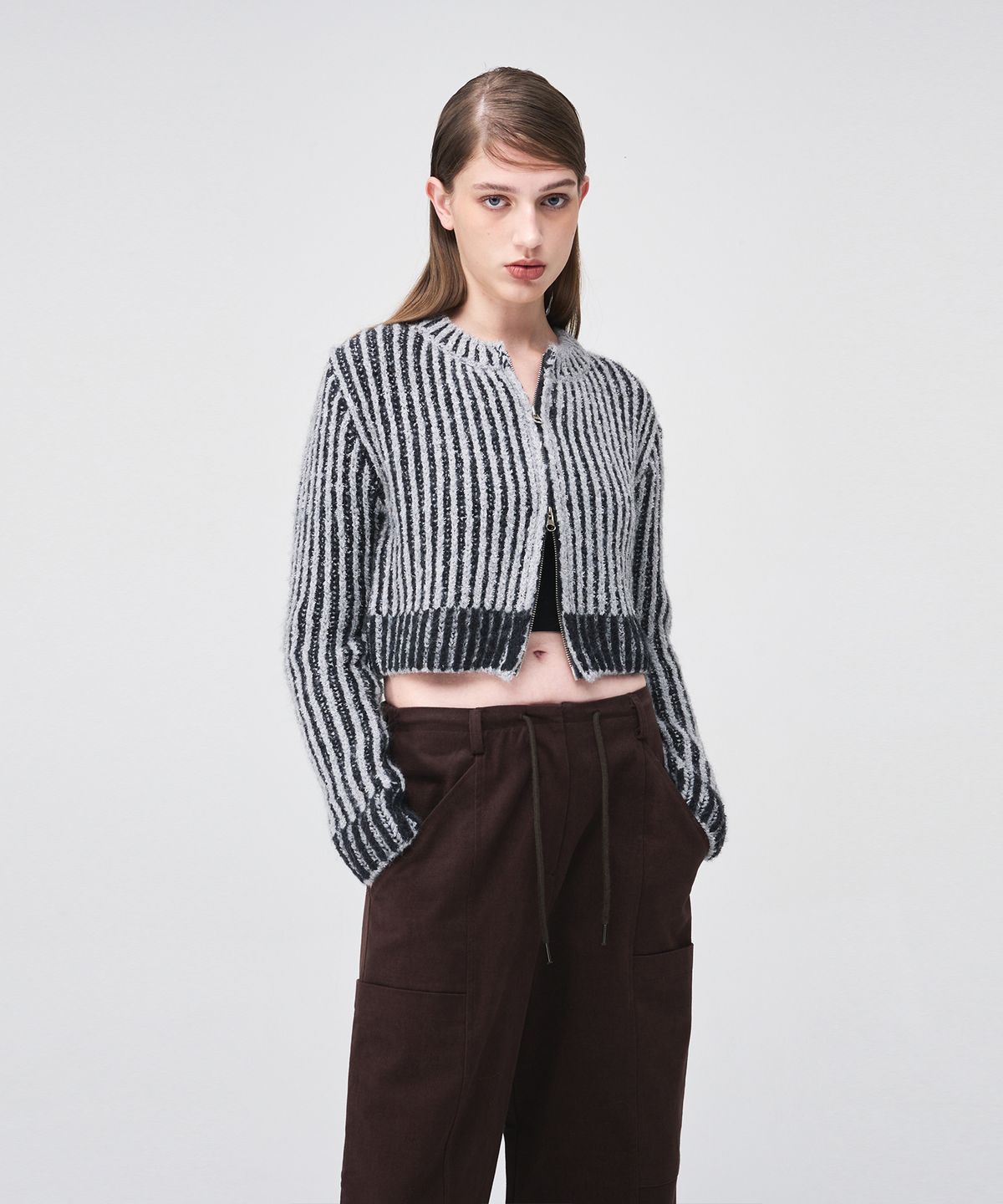 에트몽(ETMON) Ribbed Zip-Up Knit Cardigan  Grey