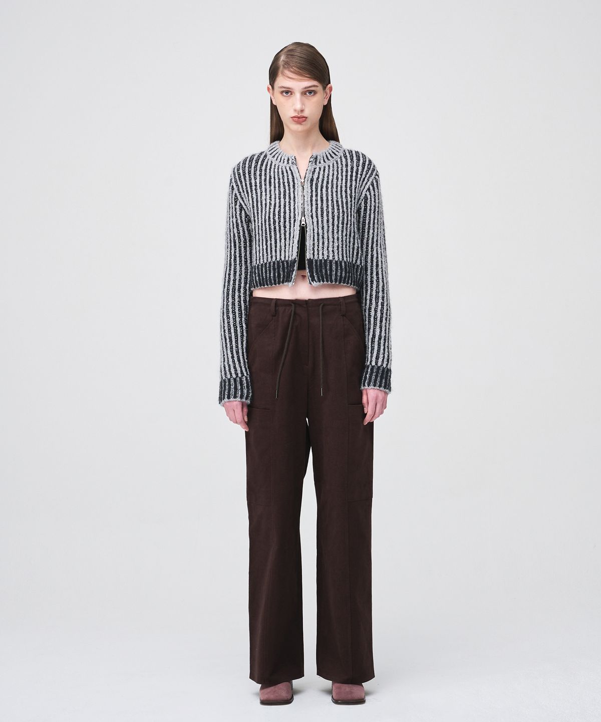 에트몽(ETMON) Ribbed Zip-Up Knit Cardigan  Grey