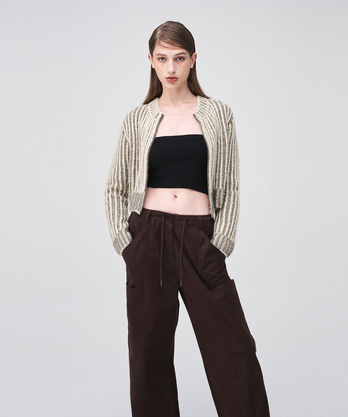 에트몽(ETMON) Ribbed Zip-Up Knit Cardigan  Cream Beige
