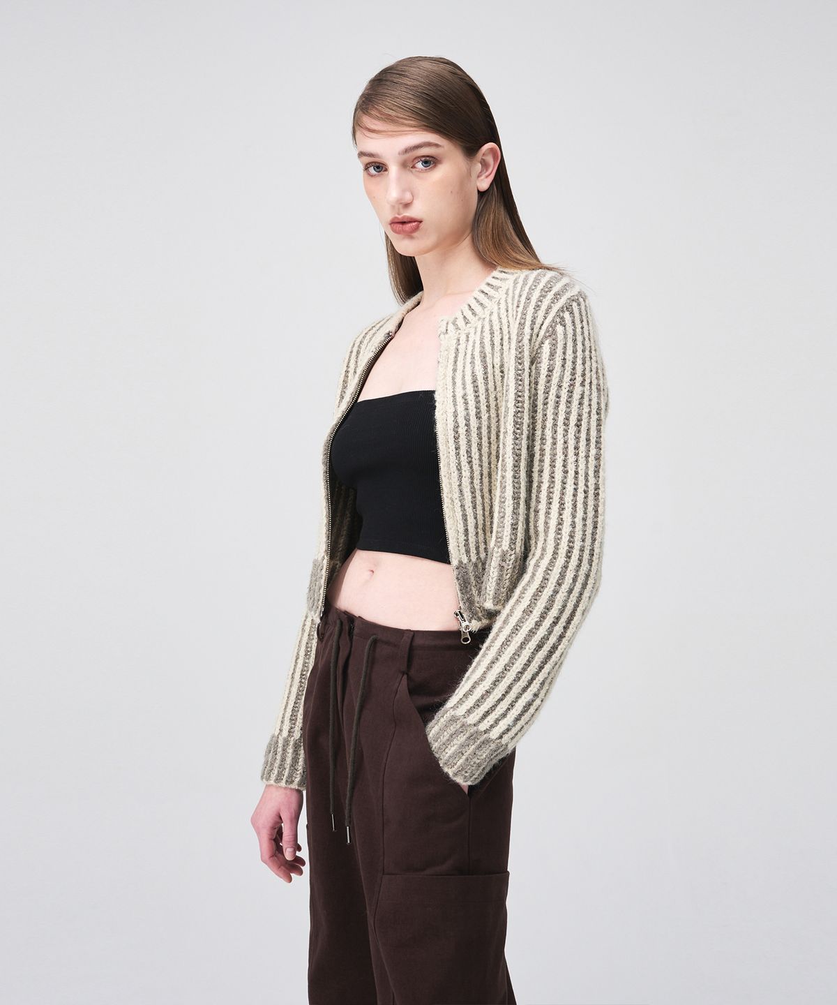 에트몽(ETMON) Ribbed Zip-Up Knit Cardigan  Cream Beige