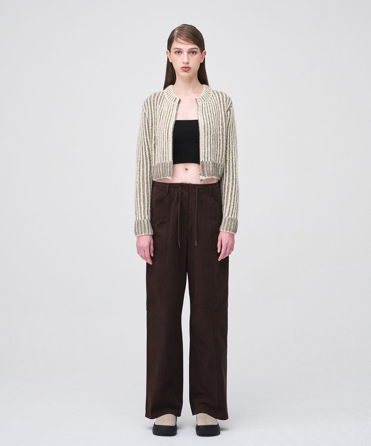 에트몽(ETMON) Ribbed Zip-Up Knit Cardigan  Cream Beige