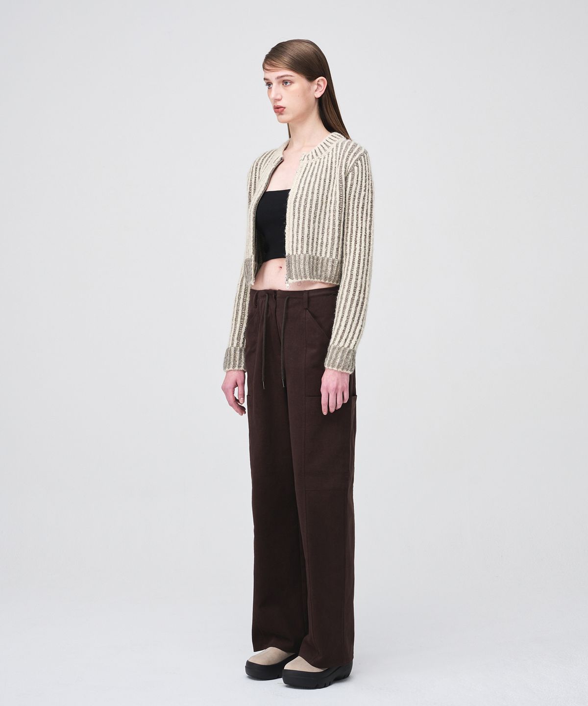 에트몽(ETMON) Ribbed Zip-Up Knit Cardigan  Cream Beige