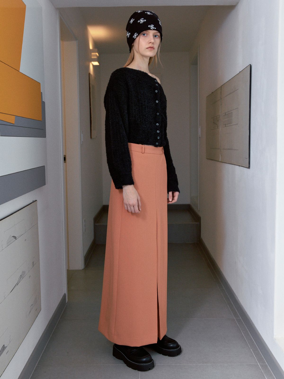 시눈(SINOON) STRIPE MAXI LONG SKIRT (ORANGE)