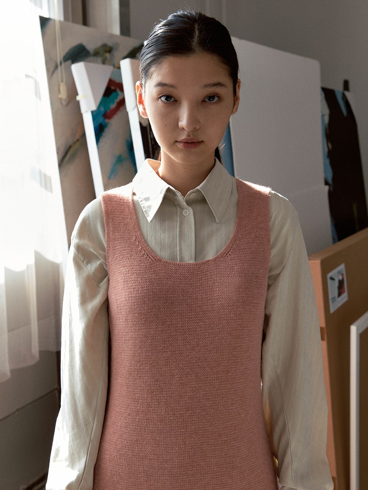시눈(SINOON) ROUND NECK SLEEVELESS KNIT DRESS (PINK)