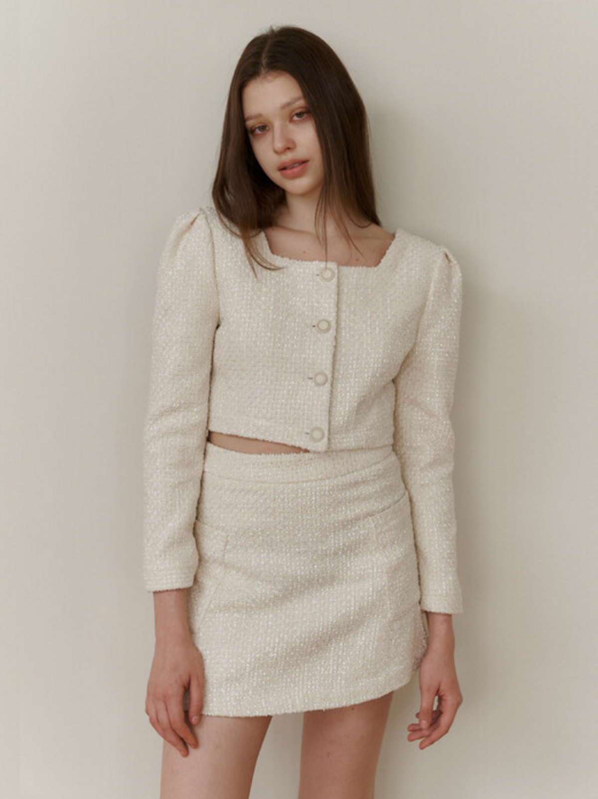 카인더베이비(KINDABABY) ivory pearl tweed blouse jacket