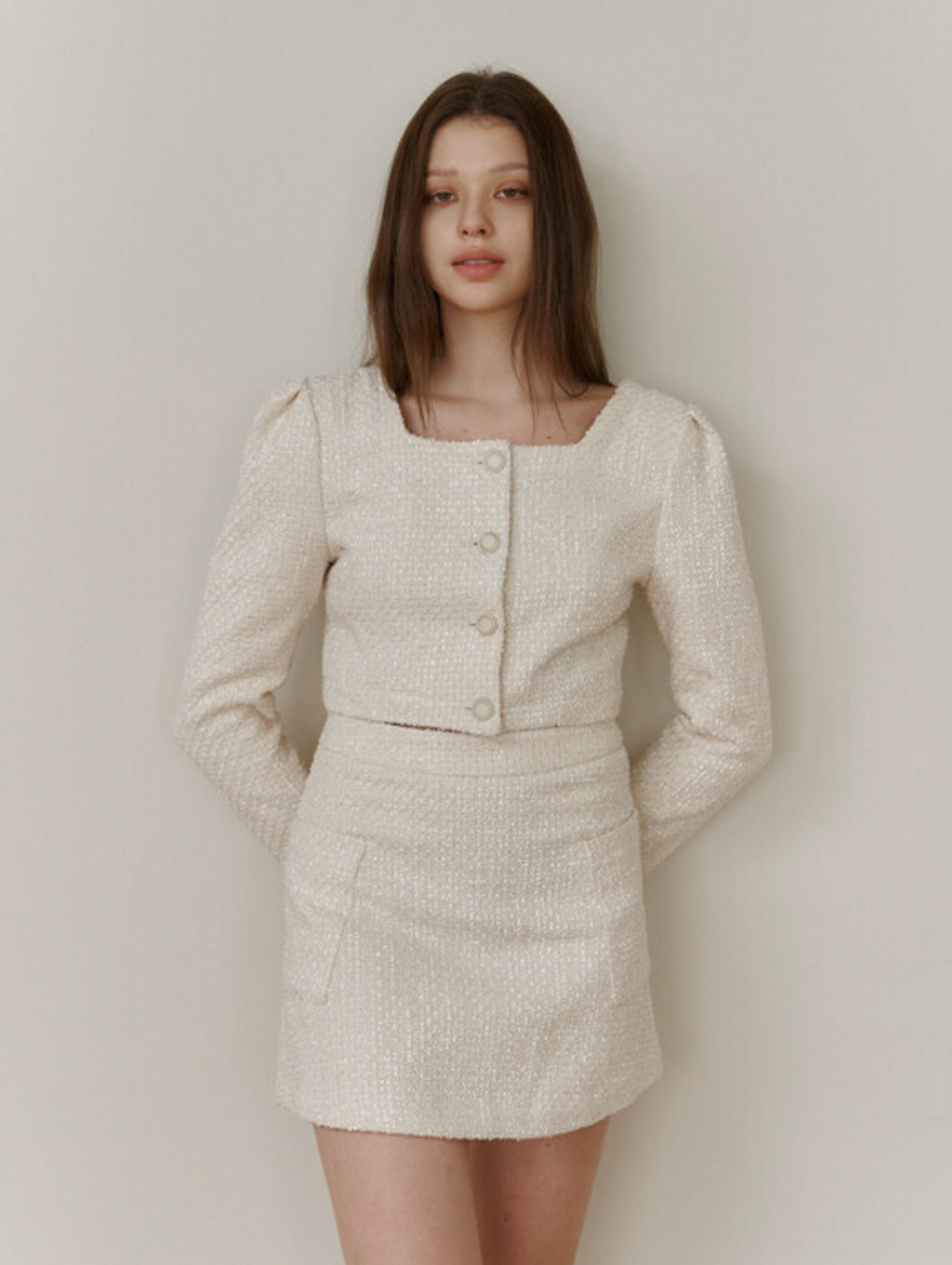 카인더베이비(KINDABABY) ivory pearl tweed blouse jacket