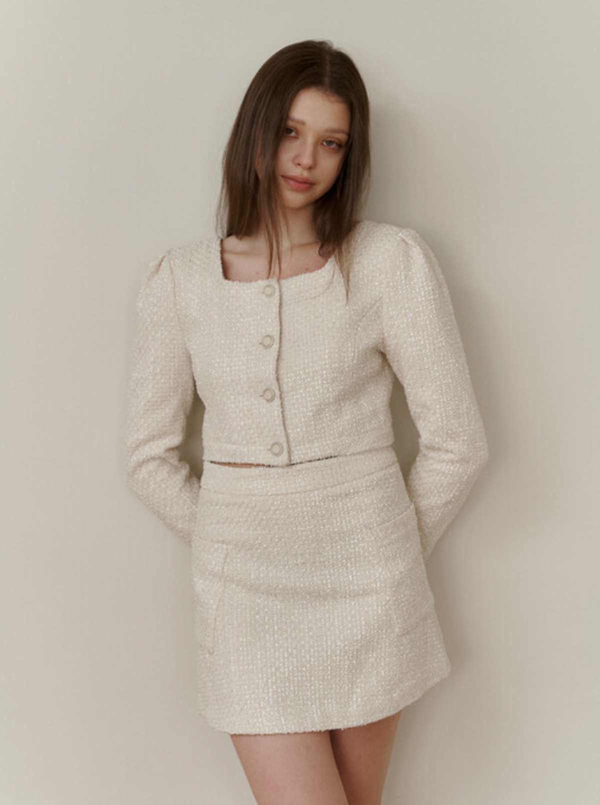 카인더베이비(KINDABABY) ivory pearl tweed mini skirt