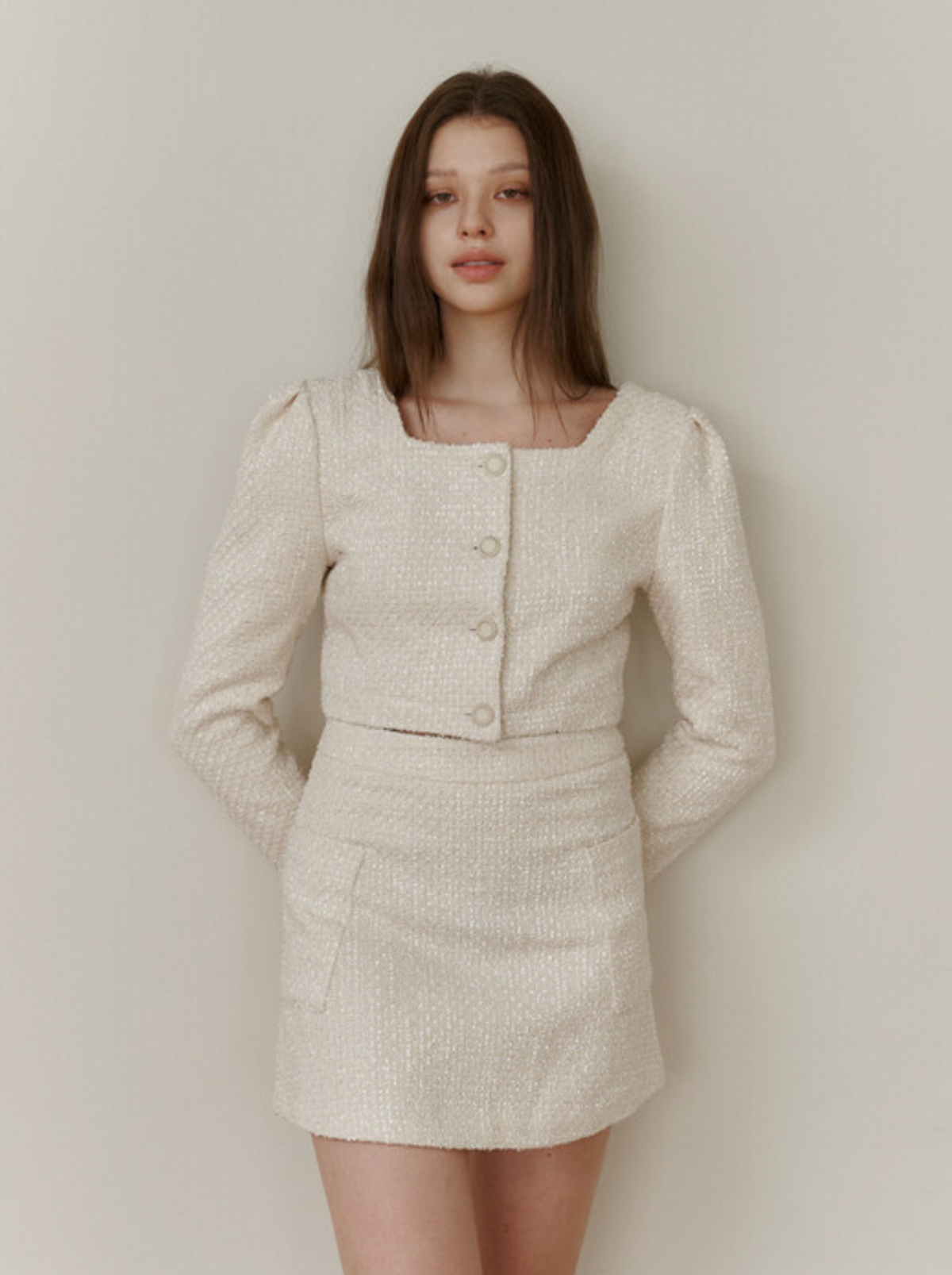 카인더베이비(KINDABABY) ivory pearl tweed mini skirt
