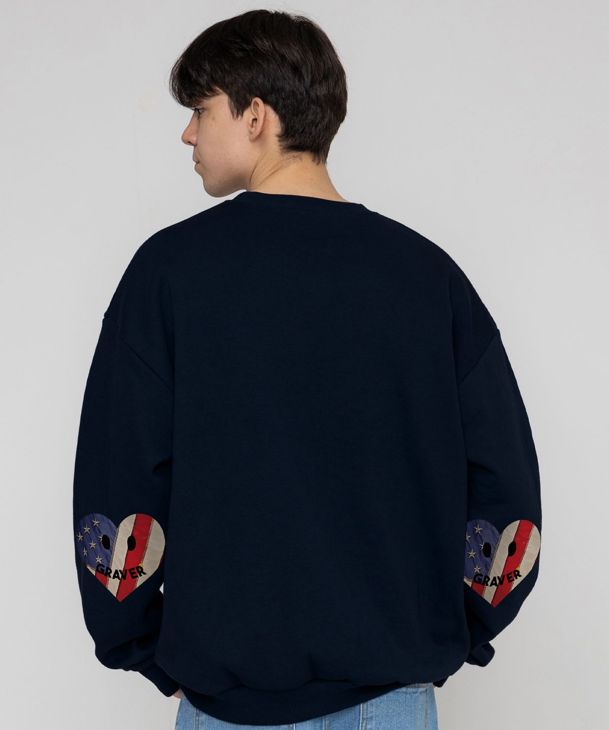 그레이버(GRAVER) [UNISEX]엘보우 성조기 스마일 하트 맨투맨_네이비