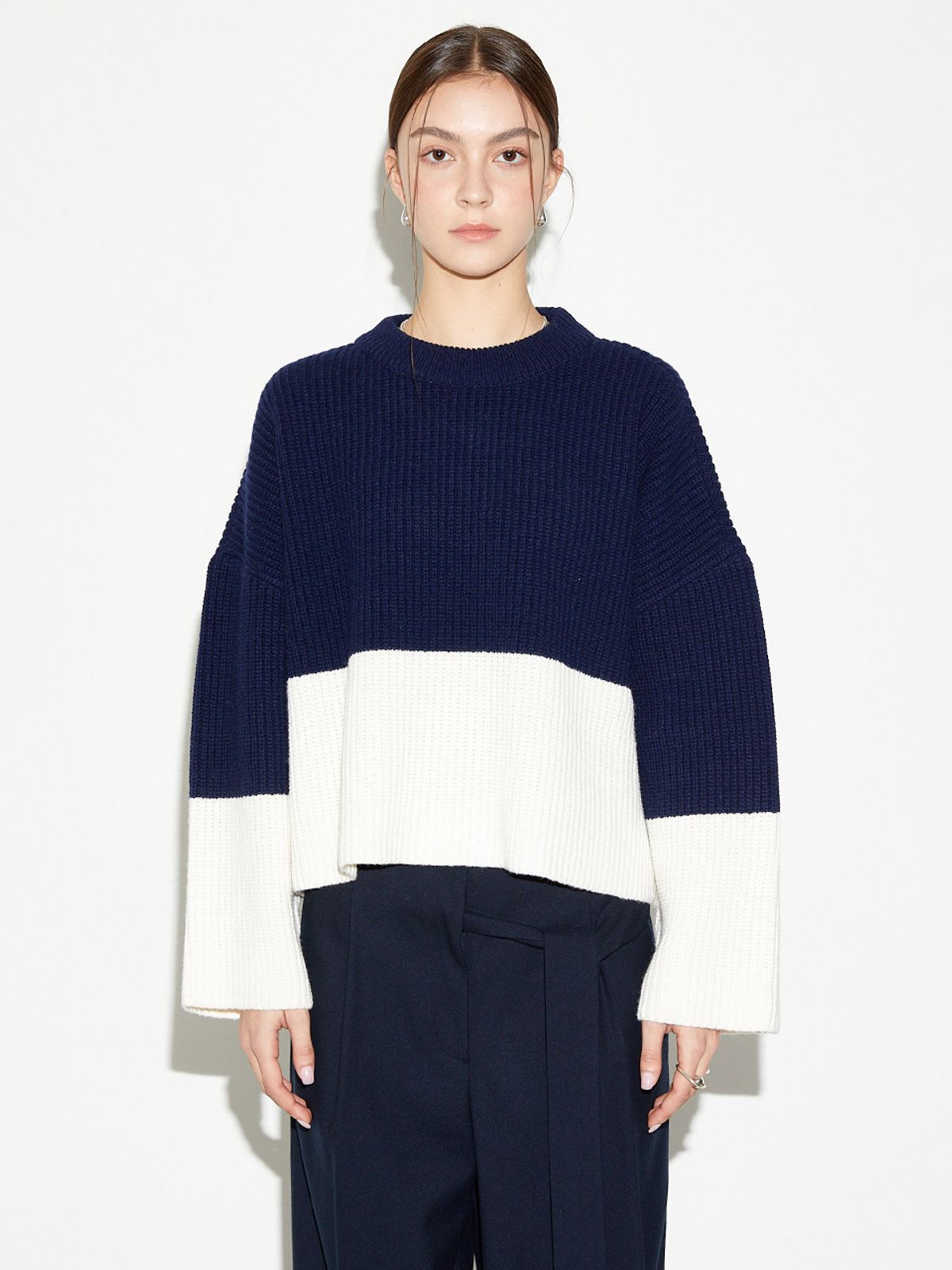 르이엘(LE YIEL) Color Block Wool Crop Knit Top 컬러 블럭 울 크롭 니트 탑