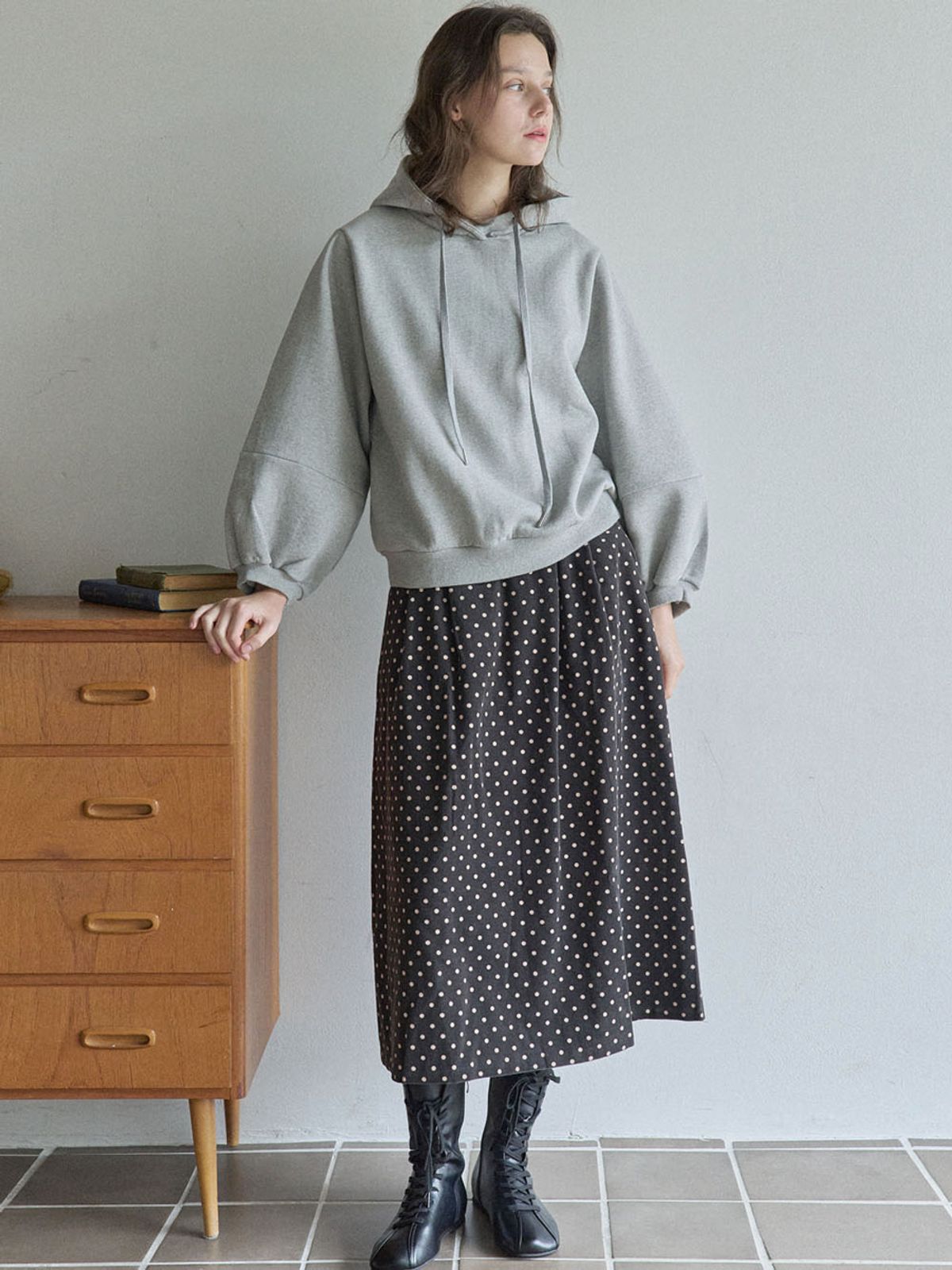 아방(AVANT-G) Balloon Sleeve Hooded T-shirt - GREY (기모)