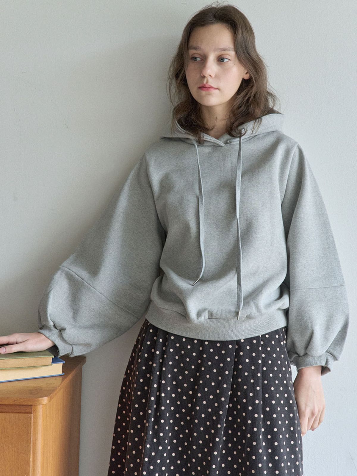 아방(AVANT-G) Balloon Sleeve Hooded T-shirt - GREY (기모)