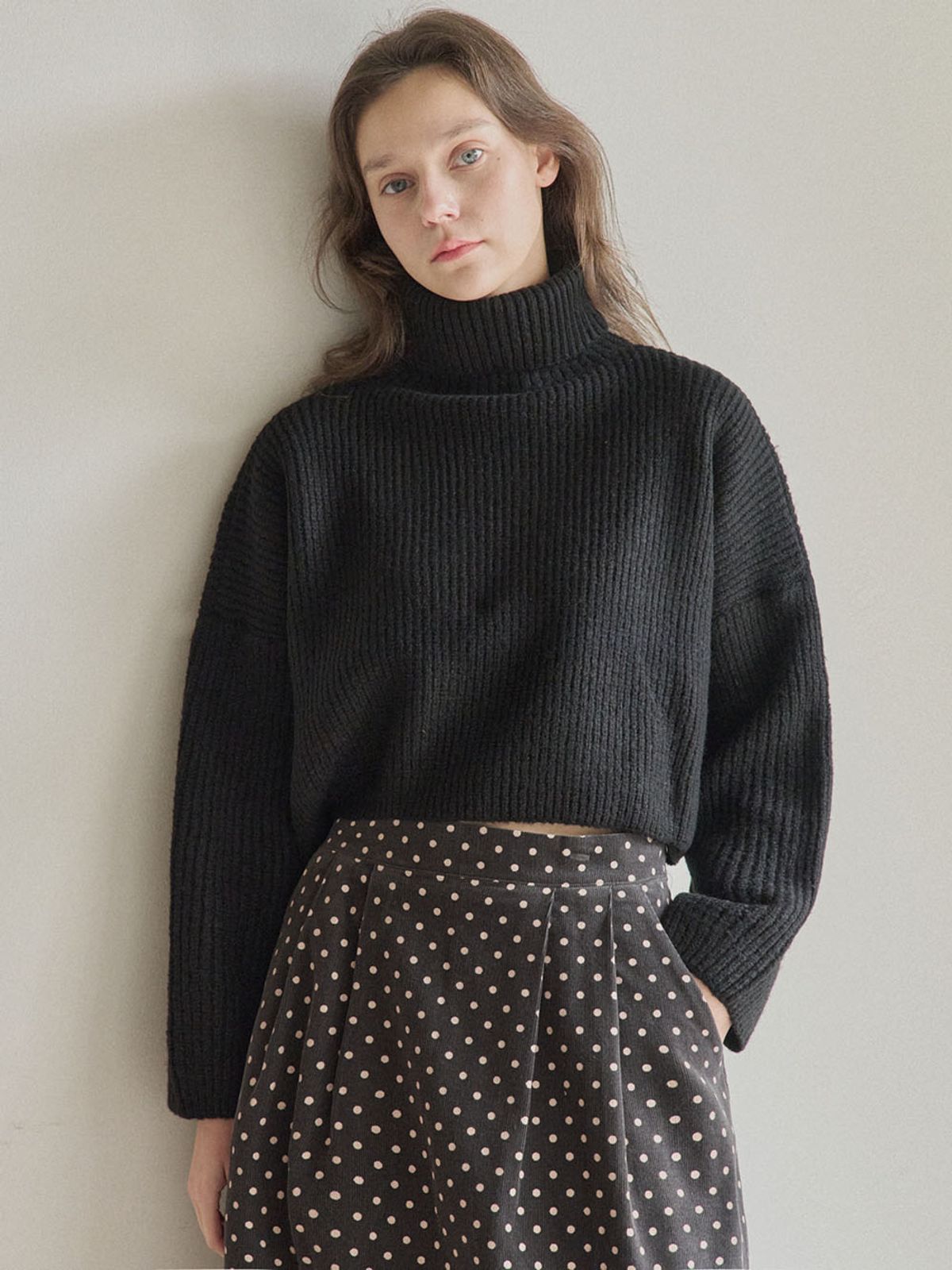 아방(AVANT-G) Turtleneck Cropped Knit Pullover - BLACK