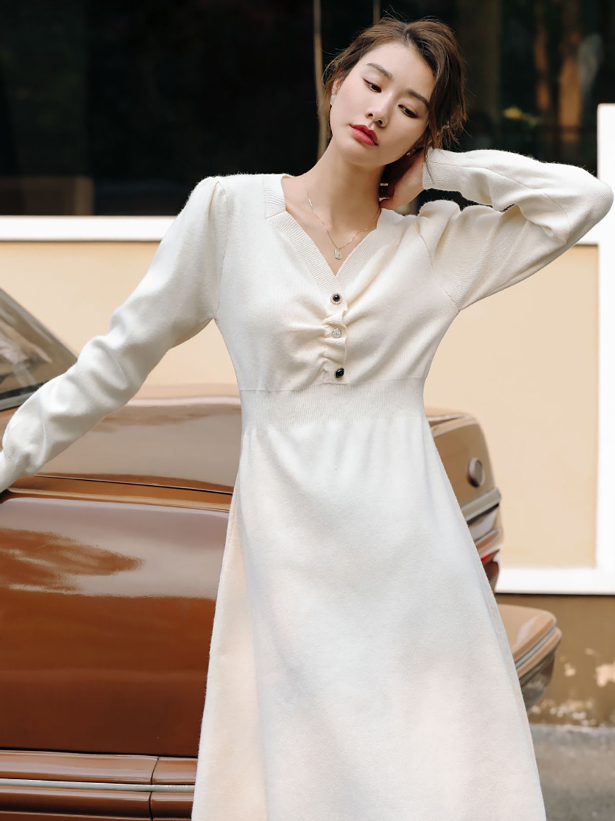 랭썬(LANGSON) LS_Daisy square-neck sleeved sweater dress_OFF WHITE