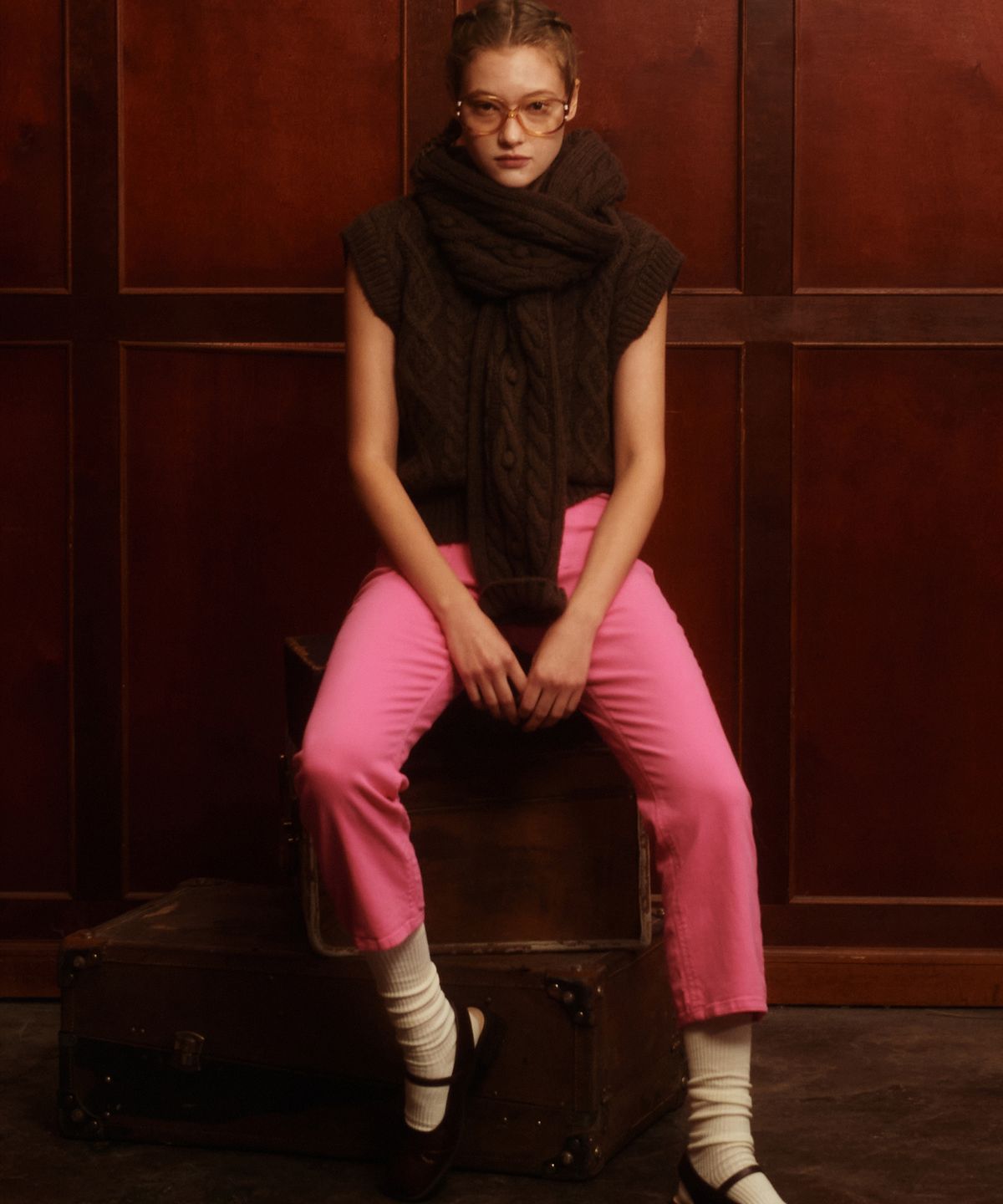 그린버터(GREENBUTTER) Wool Cable Knit Muffler (Brown)
