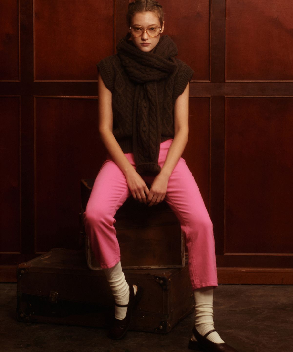 그린버터(GREENBUTTER) Wool Cable Knit Vest (Brown)