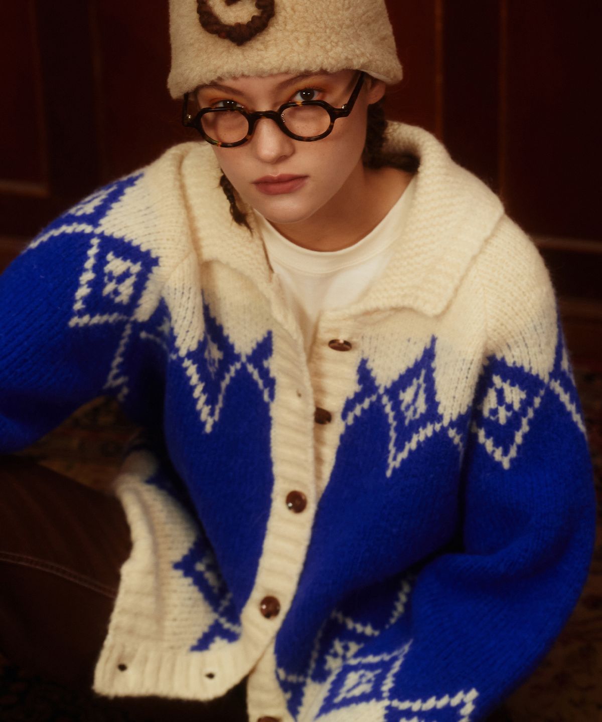그린버터(GREENBUTTER) Alpaca Dia Jacquard Cardigan (Cobalt)