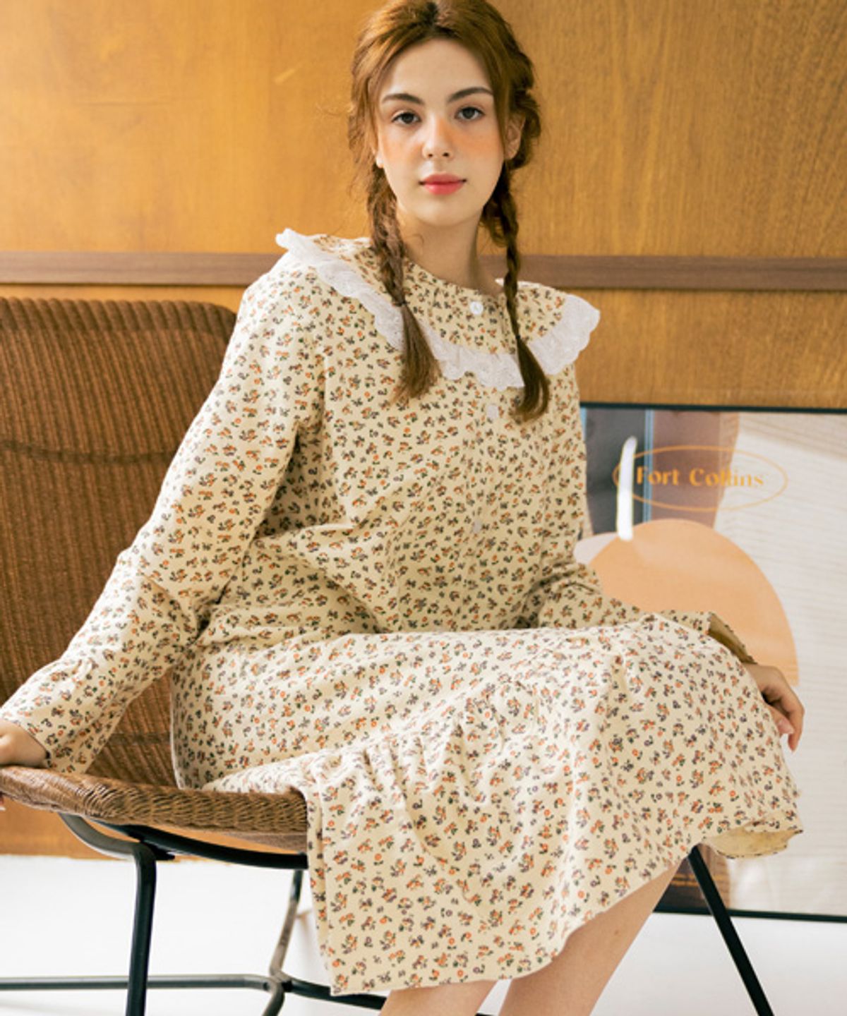 테라우드 홈웨어(TERAWOOD HOMEWEAR) 프릴 카라 면기모 원피스 잠옷 홈웨어