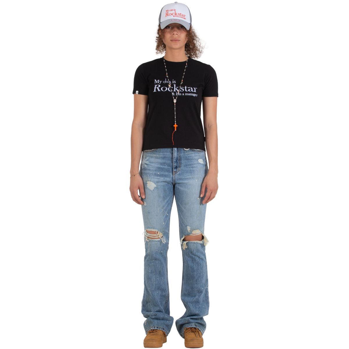 Tシャツ・カットソー JOEGUSH My dog is Rockstar & Im a manager 4BUK136 MY dog is Rockstar T-shirt (CROP VER.) (White) - Joe Gush