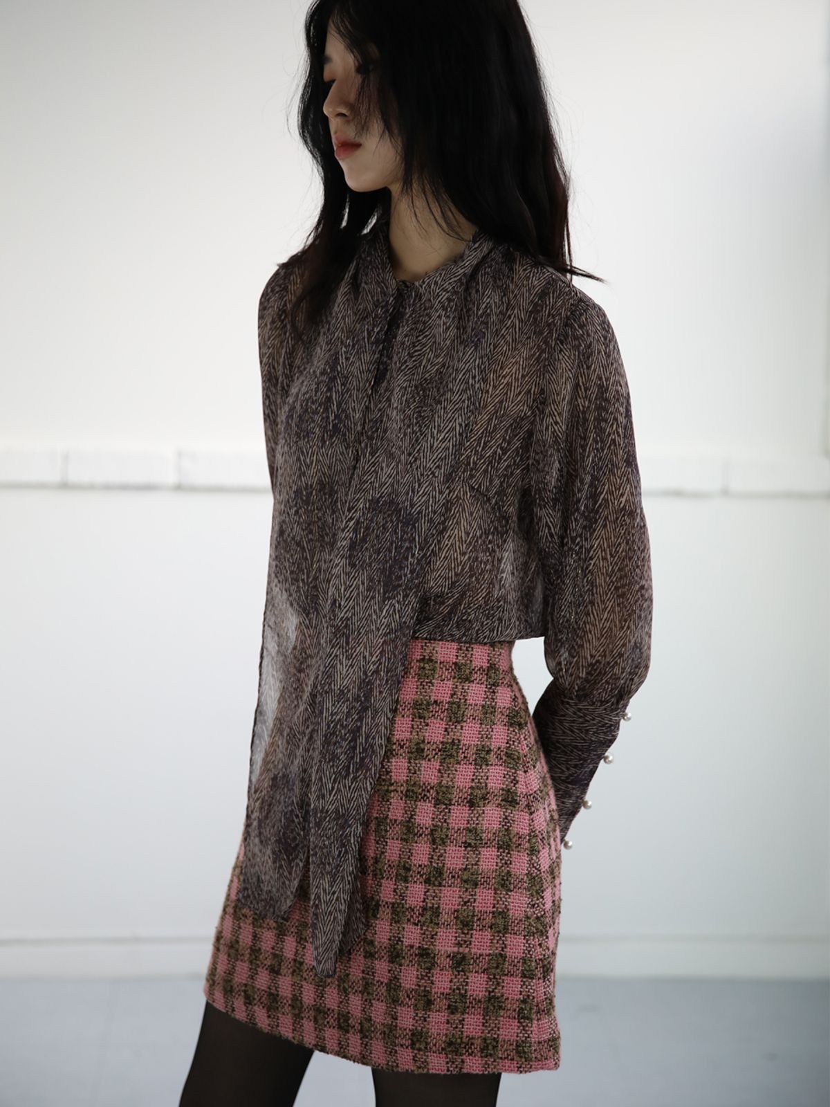 쏘리, 투 머치 러브(SORRY, TOO MUCH LOVE) Gingham Tweed A Line Skirt_Pink