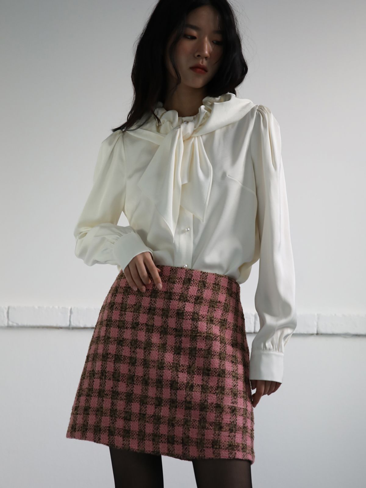 쏘리, 투 머치 러브(SORRY, TOO MUCH LOVE) Gingham Tweed A Line Skirt_Pink