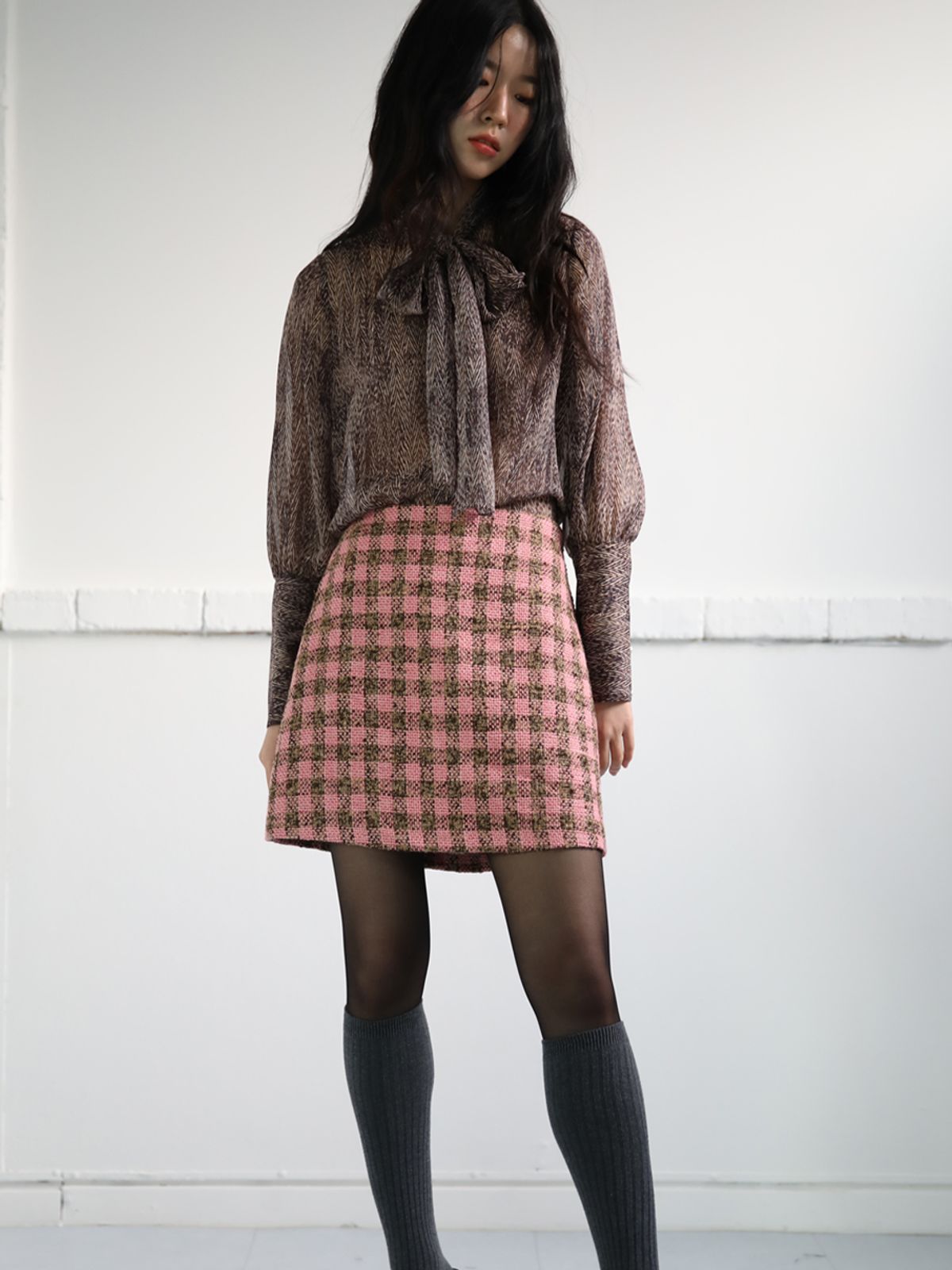 쏘리, 투 머치 러브(SORRY, TOO MUCH LOVE) Gingham Tweed A Line Skirt_Pink