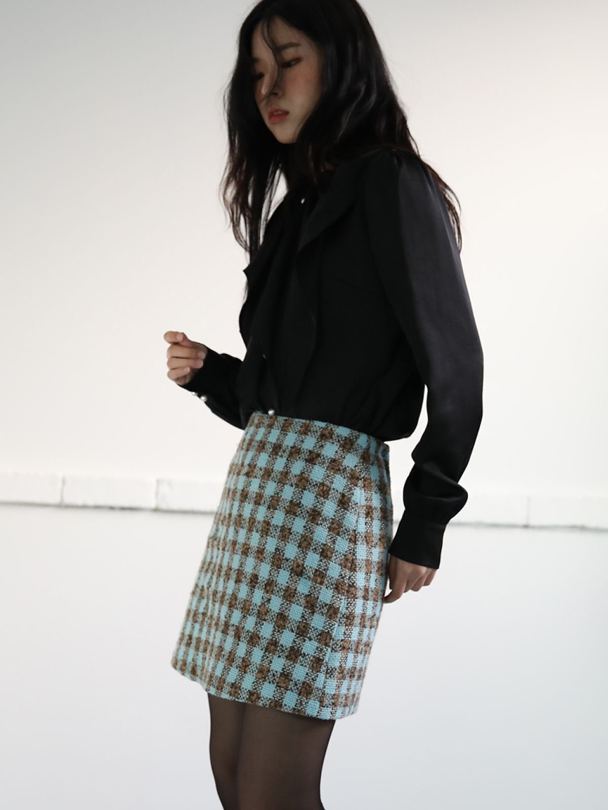 쏘리, 투 머치 러브(SORRY, TOO MUCH LOVE) Gingham Tweed A Line Skirt_Blue