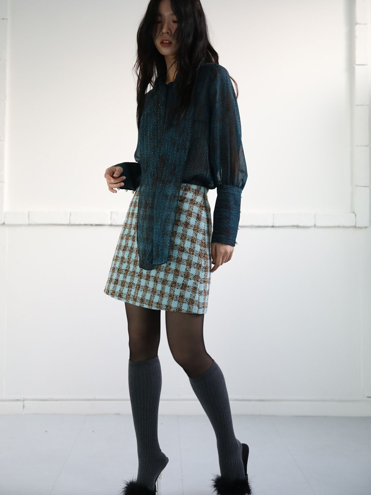 쏘리, 투 머치 러브(SORRY, TOO MUCH LOVE) Gingham Tweed A Line Skirt_Blue