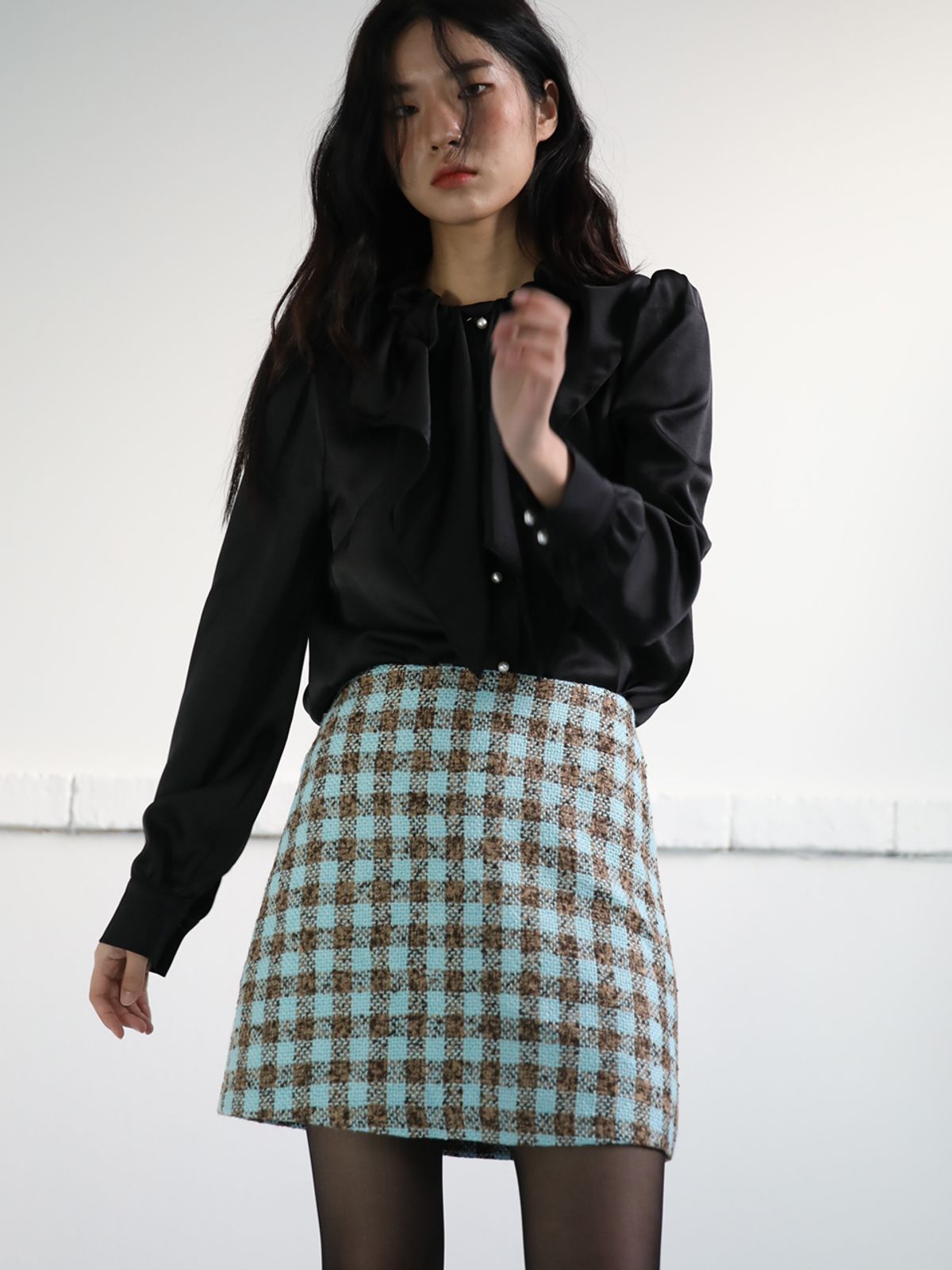 쏘리, 투 머치 러브(SORRY, TOO MUCH LOVE) Gingham Tweed A Line Skirt_Blue