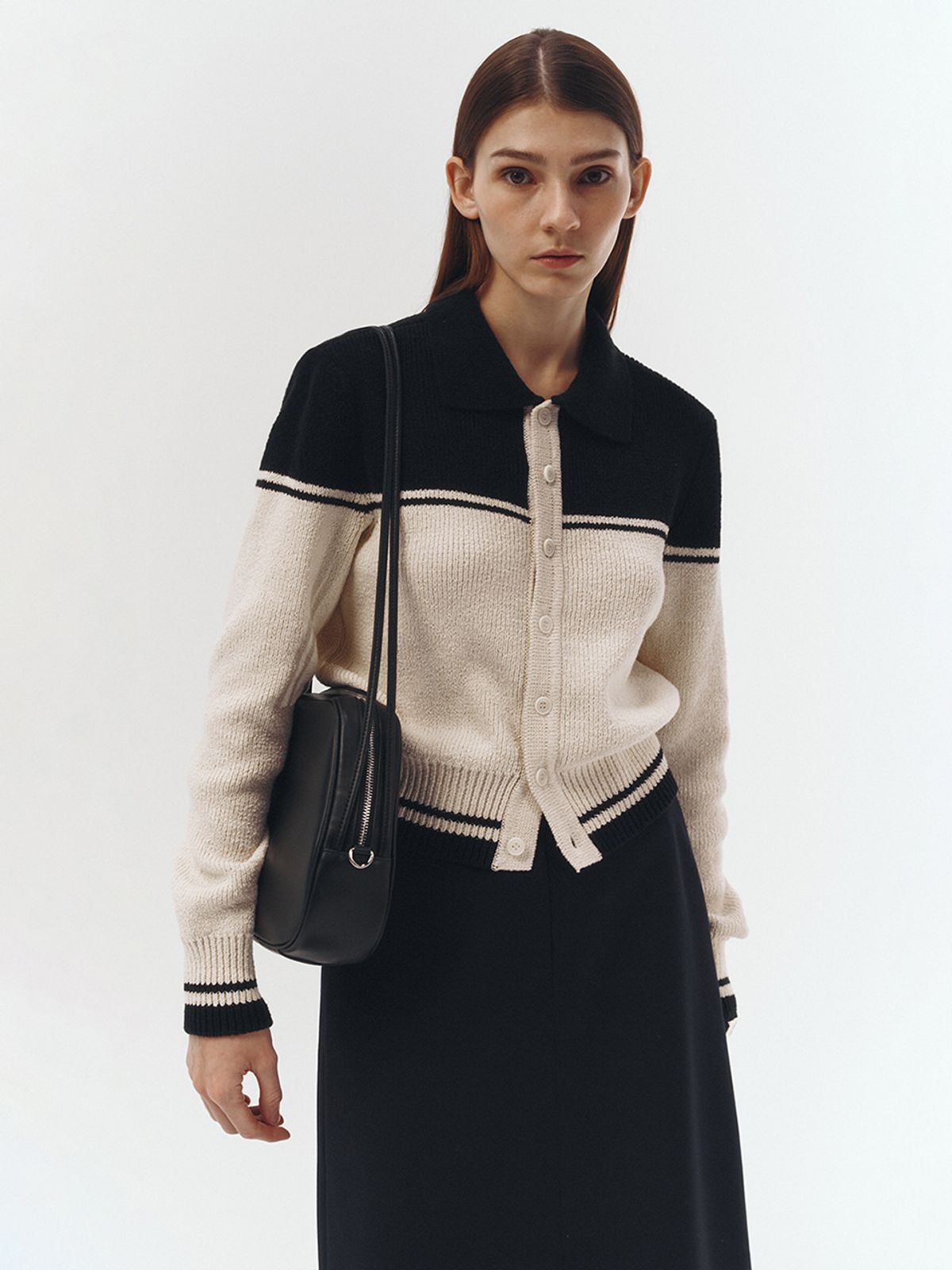 던스트(DUNST) UNISEX OPEN COLLAR KNIT CARDIGAN CREAM BLACK_UDSW3A105CR